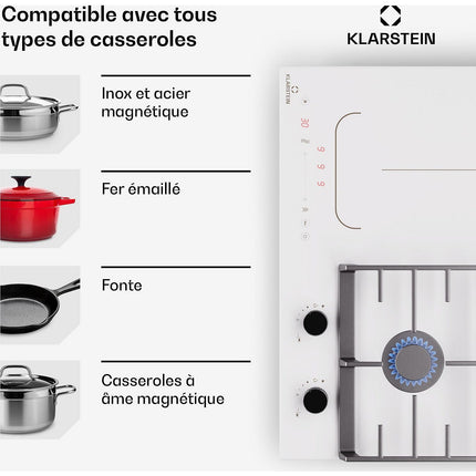 Plaque mixte induction gaz KLARSTEIN MultiChef 4 zones 2 feux gaz Flex blanc