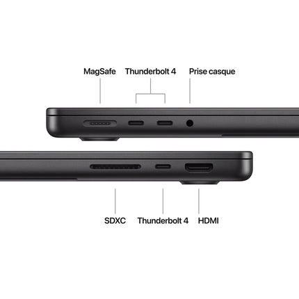 Ordinateur Apple MACBOOK Pro 14" Puce M4 Pro CPU 14 / GPU 20 coeurs Mémoire RAM 48Go Stockage 2To SSD XDR Noir sidéral