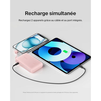 Batterie externe BELKIN 10000 mAh avec cable USB-C intégre pink