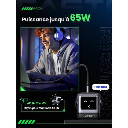 Chargeur UGREEN Robot 2ports USBC 1 port USBA Noir 65W