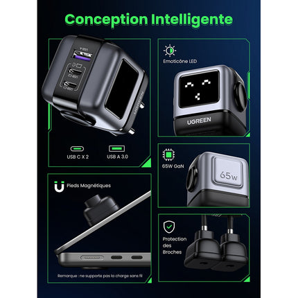 Chargeur UGREEN Robot 2ports USBC 1 port USBA Noir 65W