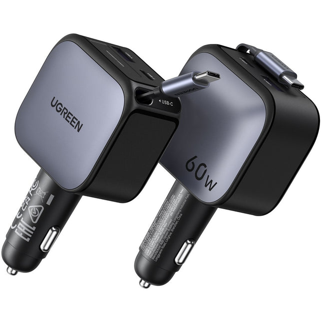 Chargeur allume cigare UGREEN Retractable USBC/USBA Noir 60W