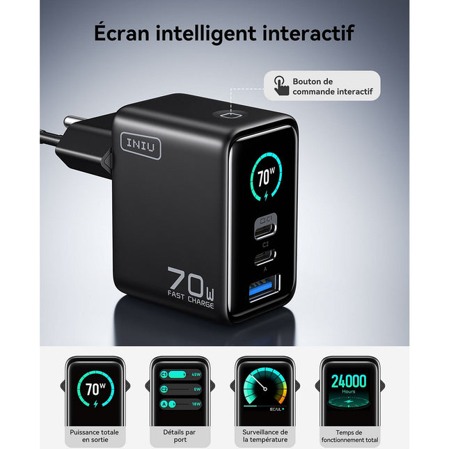 Chargeur INIU 70W Leopard 2 USB-C + USB-A noir