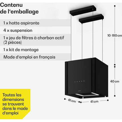Hotte décorative îlot KLARSTEIN Velaire 40cm CEE A++ 601 m³/h 62 dB Noir