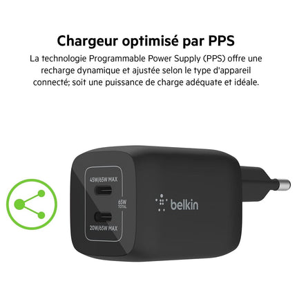 Chargeur ordinateur portable BELKIN USB C x2 65W GaN PPS Noir
