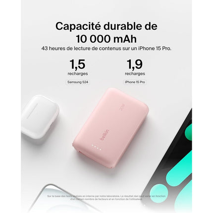 Batterie externe BELKIN 10000 mAh avec cable USB-C intégre pink