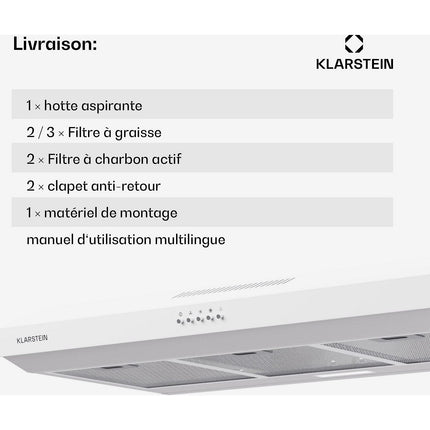 Hotte casquette KLARSTEIN Contempo 90cm encastrée 200m³/h blanc
