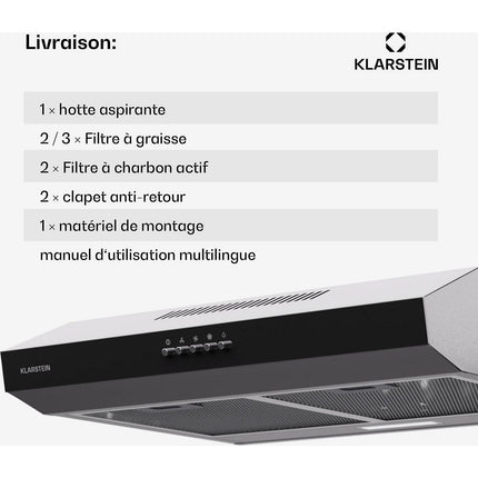 Hotte casquette KLARSTEIN Contempo 60cm encastrée 200m³/h LED gris