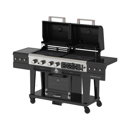 Barbecue gaz PITBOSS MEMPHIS 2.0, sur chariot , une zone de cuisson gaz, une charbon et un fumoir électrique 3 étages.
