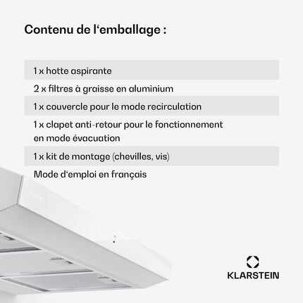 Hotte casquette KLARSTEIN ContempoNeo 90cm encastrée 175m³/h blanc