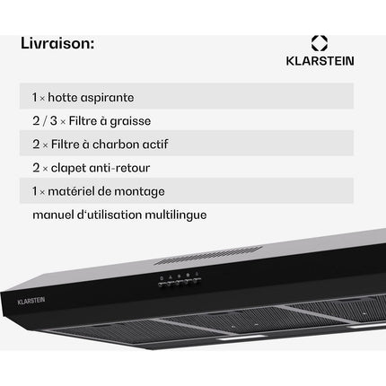 Hotte casquette KLARSTEIN Contempo 90cm encastrée 200m³/h LED noir
