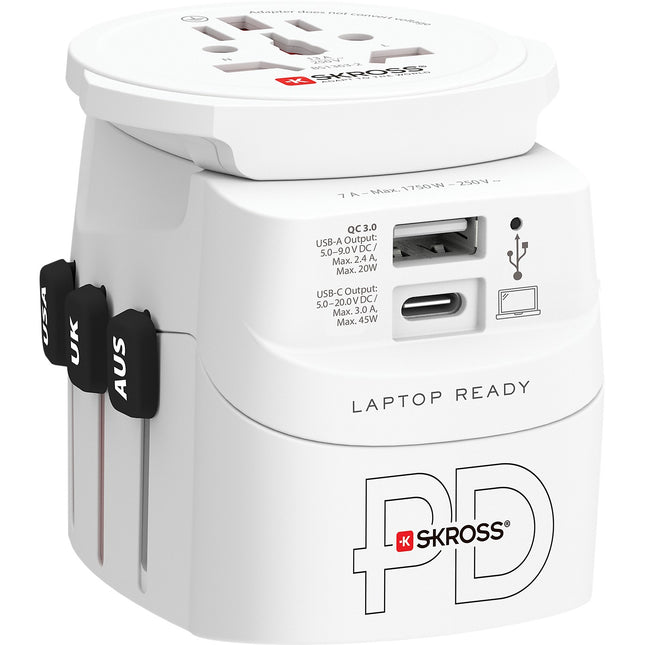 Adaptateur de voyage SKROSS Monde vers monde + 1 USB A + 1 USB C