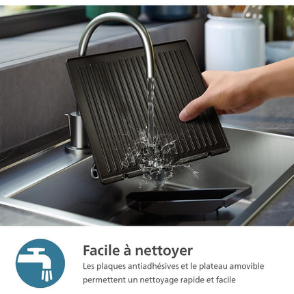 Grille-viande PHILIPS 7000 Series HD6307/70 noir sonde de cuisson, plaques amovibles, à poser, 29x26 cm
