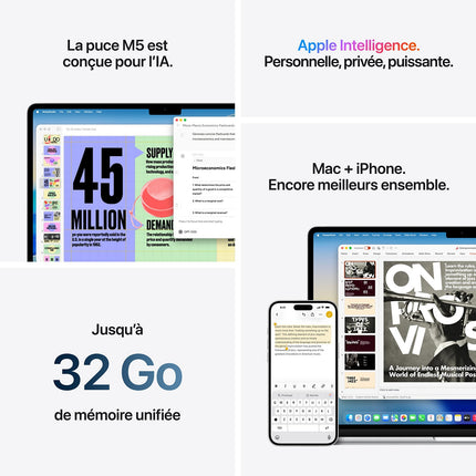 Ordinateur Apple MACBOOK Air 15" Puce M5 CPU 10 / GPU 10 coeurs Mémoire RAM 16Go Stockage 1To SSD