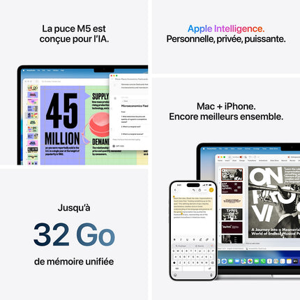 Ordinateur Apple MACBOOK Air 13" Puce M5 CPU 10 / GPU 8 coeurs Mémoire RAM 16Go Stockage 512Go SSD