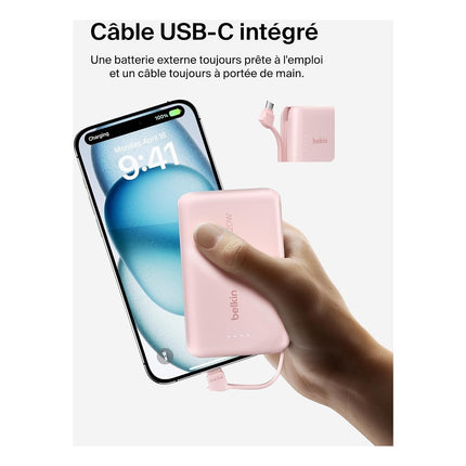 Batterie externe BELKIN 10000 mAh avec cable USB-C intégre pink
