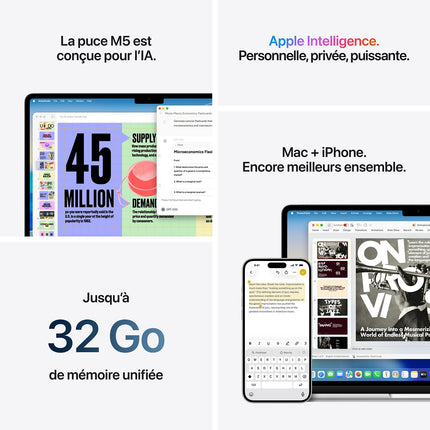 Ordinateur Apple MACBOOK Air 13" Puce M5 CPU 10 / GPU 8 coeurs Mémoire RAM 16Go Stockage 512Go SSD
