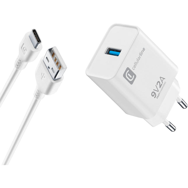 Chargeur + câble CELLULARLINE 18W USB-C Qualcomm 3.0 noir + cable