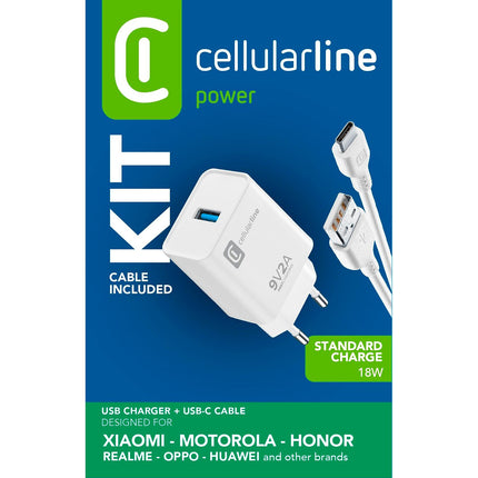 Chargeur + câble CELLULARLINE 18W USB-C Qualcomm 3.0 noir + cable