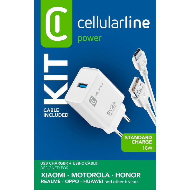 Chargeur + câble CELLULARLINE 18W USB-C Qualcomm 3.0 noir + cable