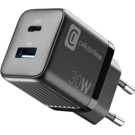 Chargeur CELLULARLINE 30W GAN 2 ports noir