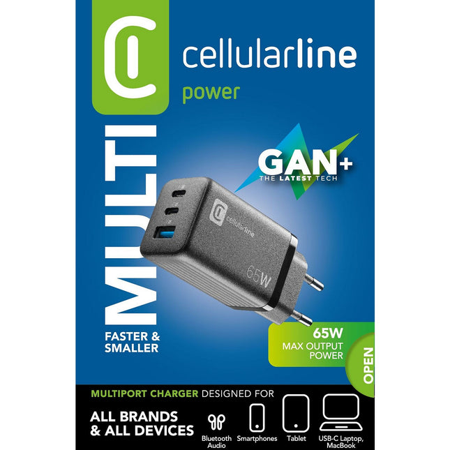 Chargeur CELLULARLINE 65W GAN 3 ports noir