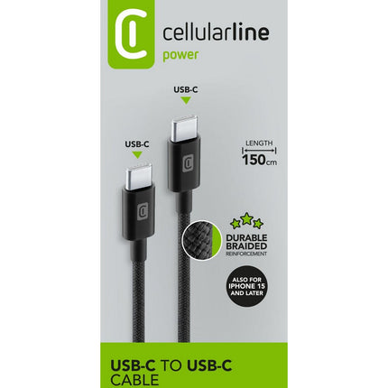 Câble de charge CELLULARLINE 1.5M USB-C vers USB-C tresse noir
