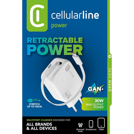 Chargeur + câble CELLULARLINE 30W GAN cable enrouleur integre