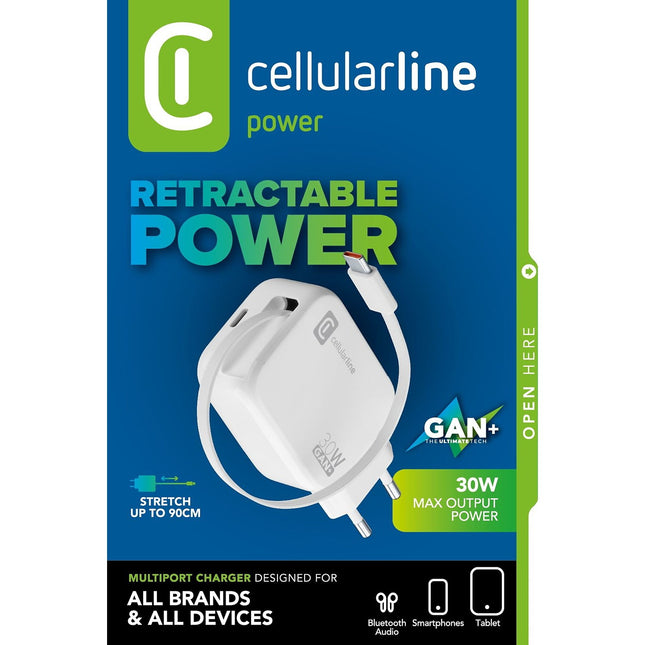 Chargeur + câble CELLULARLINE 30W GAN cable enrouleur integre