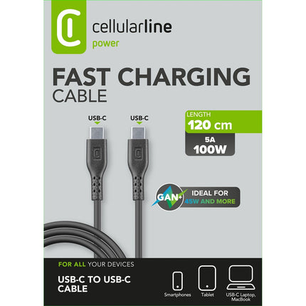 Câble de charge CELLULARLINE 1.2M USB-C vers USB-C 5A noir