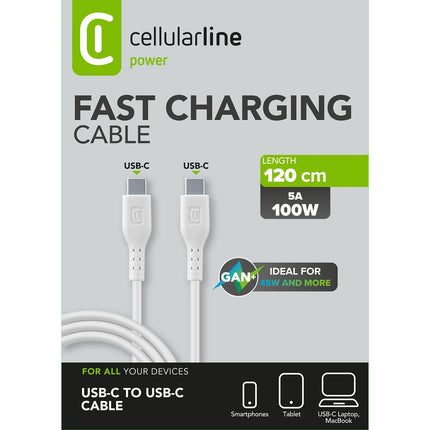 Câble de charge CELLULARLINE 1.2M USB-C vers USB-C 5A blanc