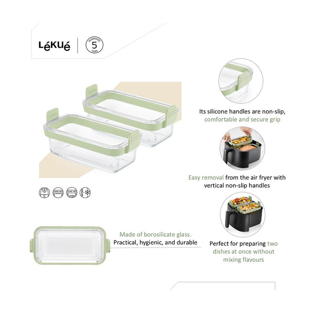 Petits Plats LEKUE x2 en verre rectangulaire pour airfyer