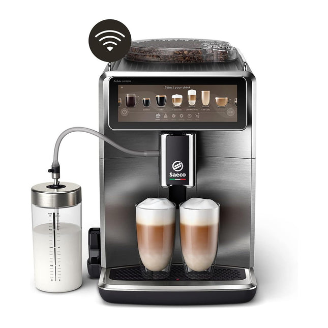 Expresso Broyeur SAECO SM8889 Cafetière à grain Xelsis Supréma en métal, connectée, avec carafe à lait