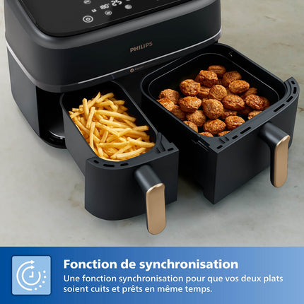 Friteuse sans huile PHILIPS NA352/04 Friteuse sans huile double panier Noir/Doré, Série 3000 9L (3+6L) avec accessoire