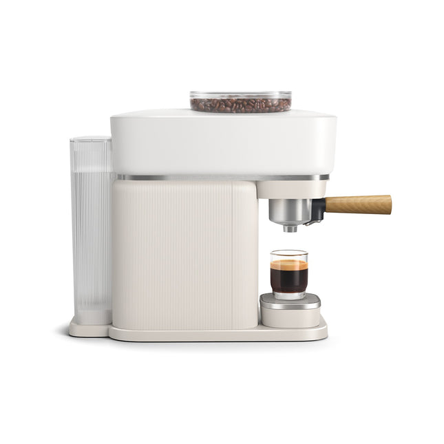 Machine à expresso PHILIPS Baristina BAR302/20 cafetière à grain Blanche + Porte-filtre Bois de Hêtre