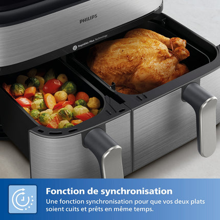 Airfryer PHILIPS NA555/00 friteuse sans huile double panier + vapeur Métal, Série 5000 9L (3+6L)