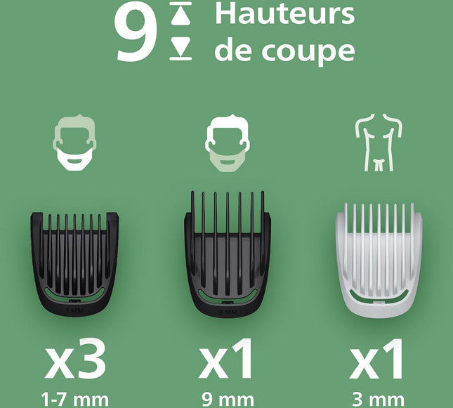 Tondeuse multi usages PHILIPS MG3935/15 Series 3000, 9 hauteurs de coupe, précision 1 mm, autonomie 70mn