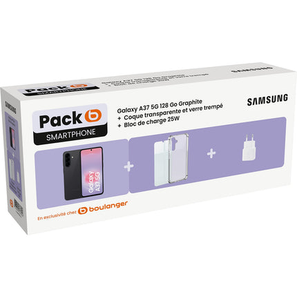 Smartphone SAMSUNG Pack A37 5G 128Go Graphite Black + Coque transparente + Verre trempé + Bloc de charge 25W