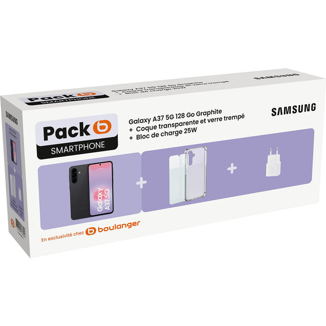 Smartphone SAMSUNG Pack A37 5G 128Go Graphite Black + Coque transparente + Verre trempé + Bloc de charge 25W