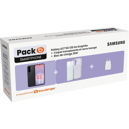 Smartphone SAMSUNG Pack A37 5G 128Go Graphite Black + Coque transparente + Verre trempé + Bloc de charge 25W