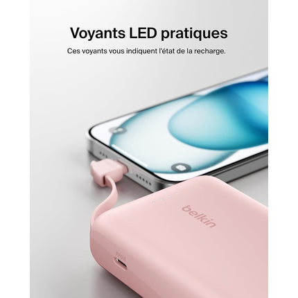 Batterie externe BELKIN 10000 mAh avec cable USB-C intégre pink