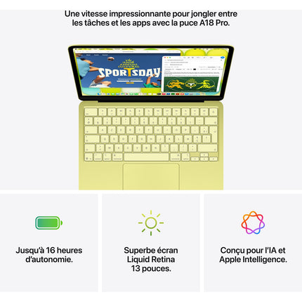 Ordinateur Apple MACBOOK Neo Puce A18 Pro CPU 6 / GPU 5 coeurs Mémoire RAM 8Go Stockage