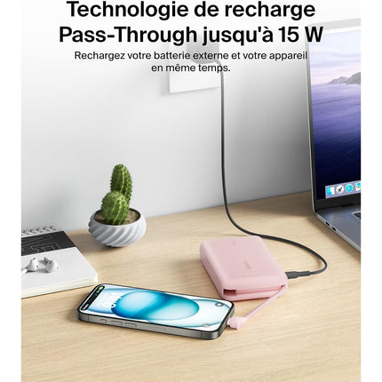 Batterie externe BELKIN 10000 mAh avec cable USB-C intégre pink