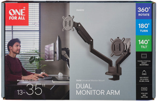 support-ecran-pc-one-for-all-dual-arm-noir-13-35-pouces-orientable-et