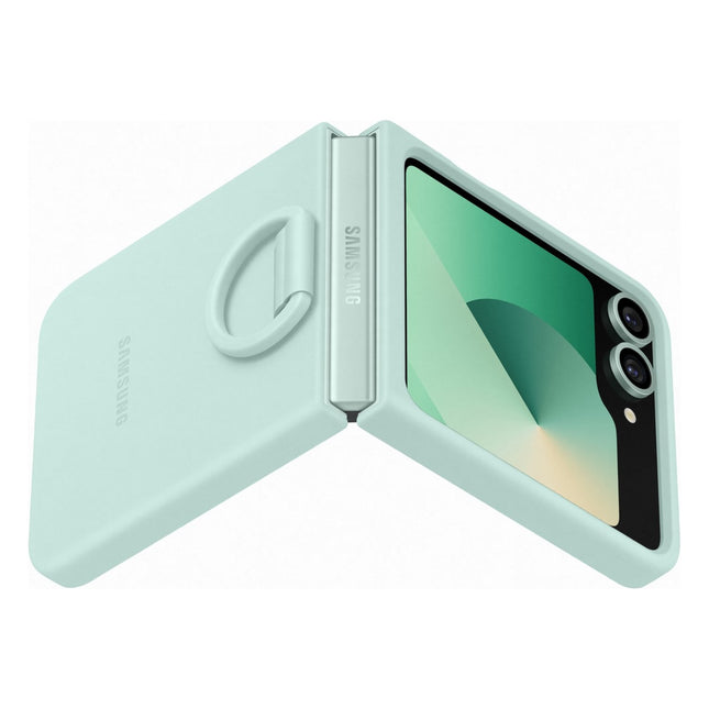 coque-samsung-z-flip6-silicone-vert-deau-avec-anneau
